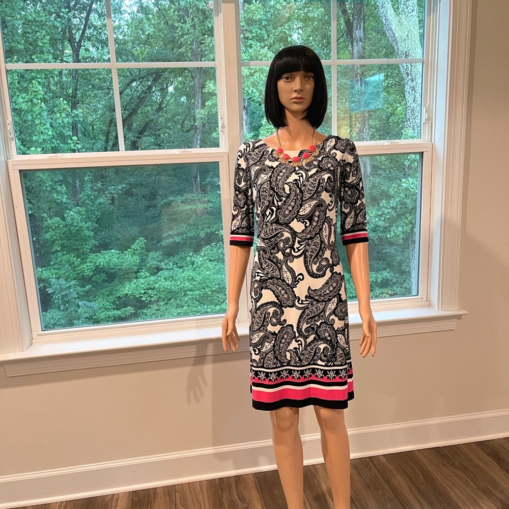 Eliza J Black and White Sheath Dress with Cuffed Sleeves